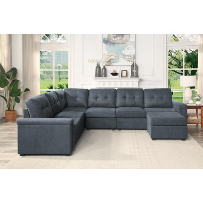 Isla Gray Woven Fabric, 7-Seater Sectional Sofa with Ottoman