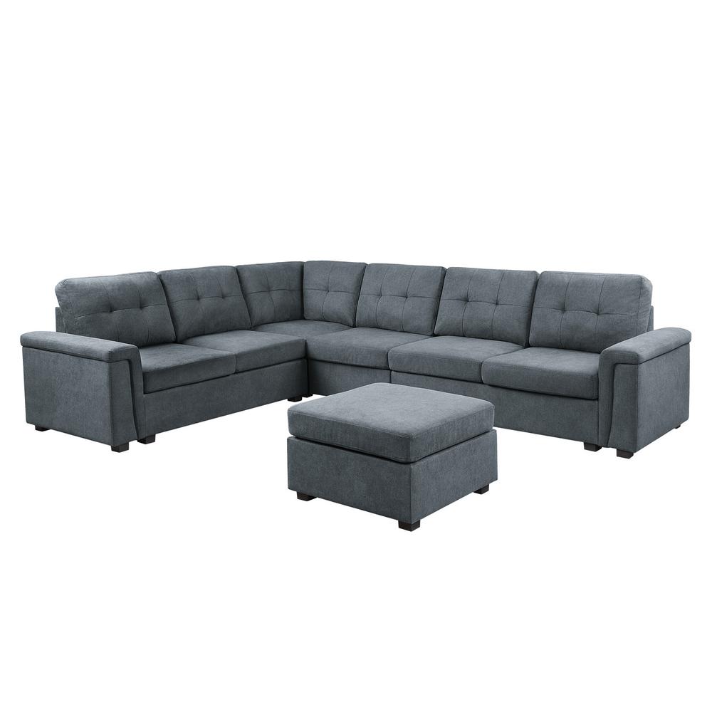 Isla Gray Woven Fabric, 7-Seater Sectional Sofa with Ottoman
