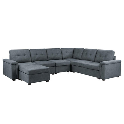 Isla Gray Woven Fabric, 7-Seater Sectional Sofa with Ottoman