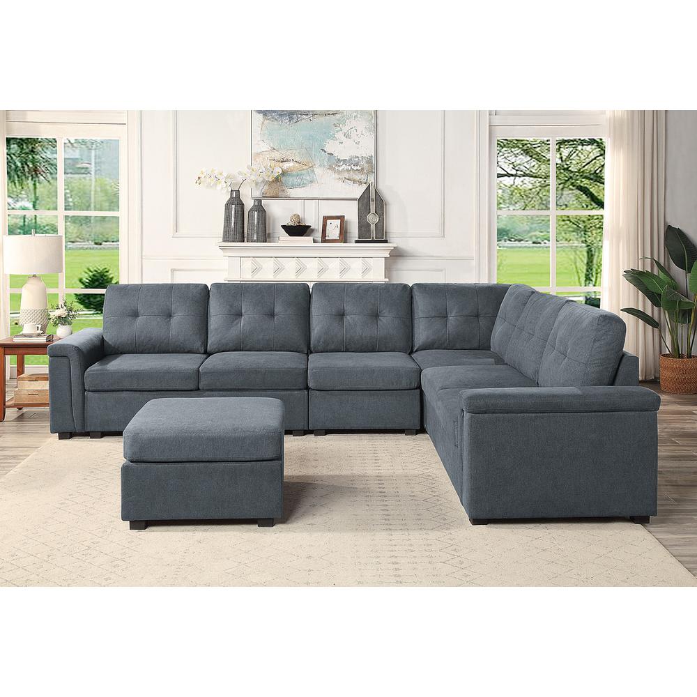 Isla Gray Woven Fabric 7-Seater Sectional Sofa with Ottoman