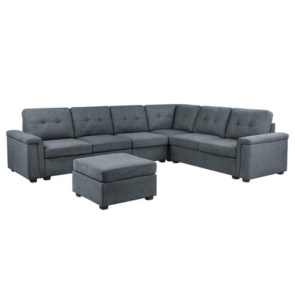 Isla Gray Woven Fabric, 7-Seater Sectional Sofa with Ottoman