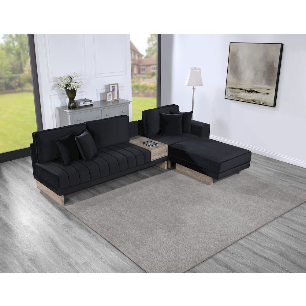 Memphis 122.5"W Black Velvet Reversible Sectional Sofa Ottoman