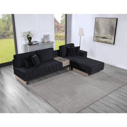 Memphis 122.5"W Black Velvet Reversible Sectional Sofa Ottoman