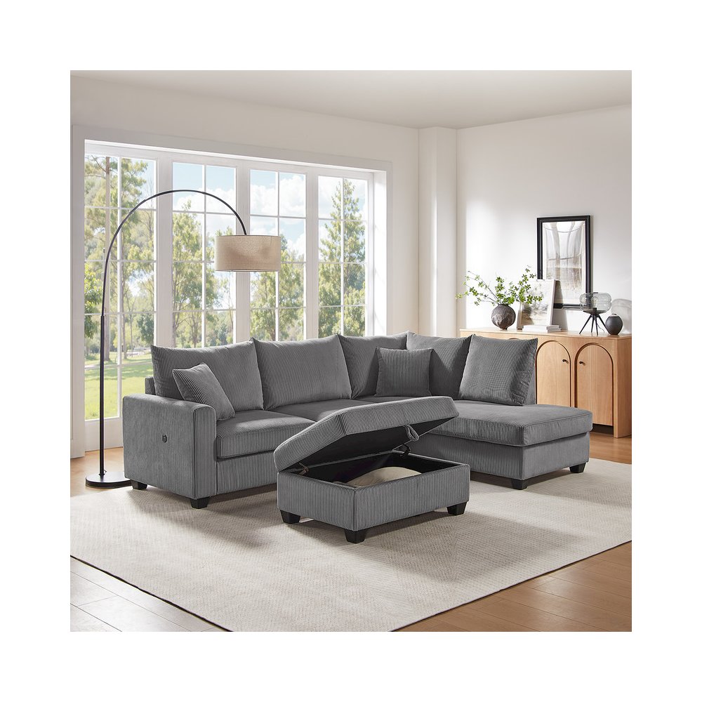 Rowan 107"W Dark Gray Corduroy Fabric Sectional Sofa with Right Facing Chaise