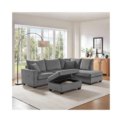 Rowan 107"W Dark Gray Corduroy Fabric Sectional Sofa with Right Facing Chaise