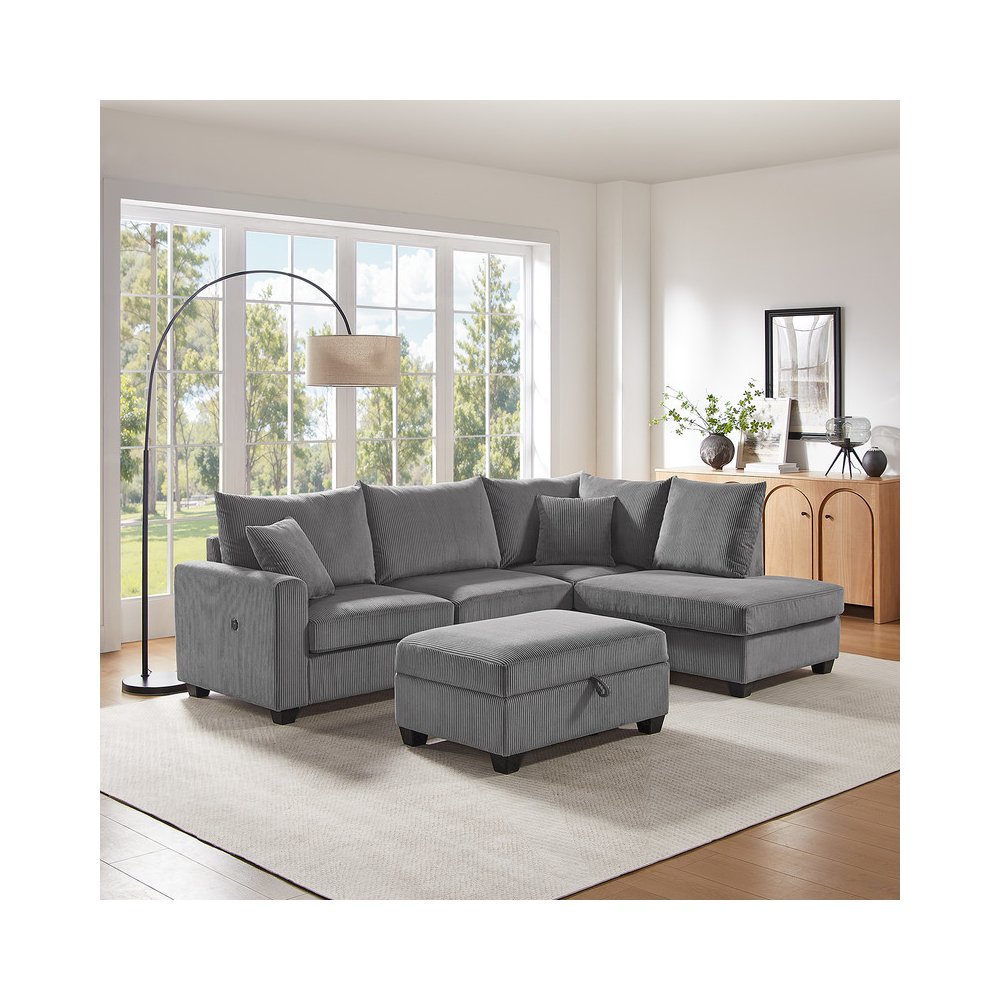 Rowan 107"W Dark Gray Corduroy Fabric Sectional Sofa with Right Facing Chaise