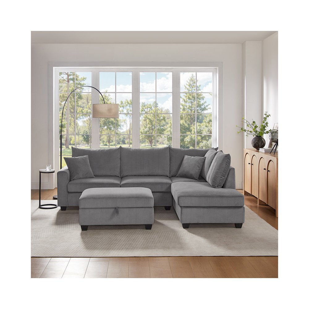 Rowan 107"W Dark Gray Corduroy Fabric Sectional Sofa with Right Facing Chaise