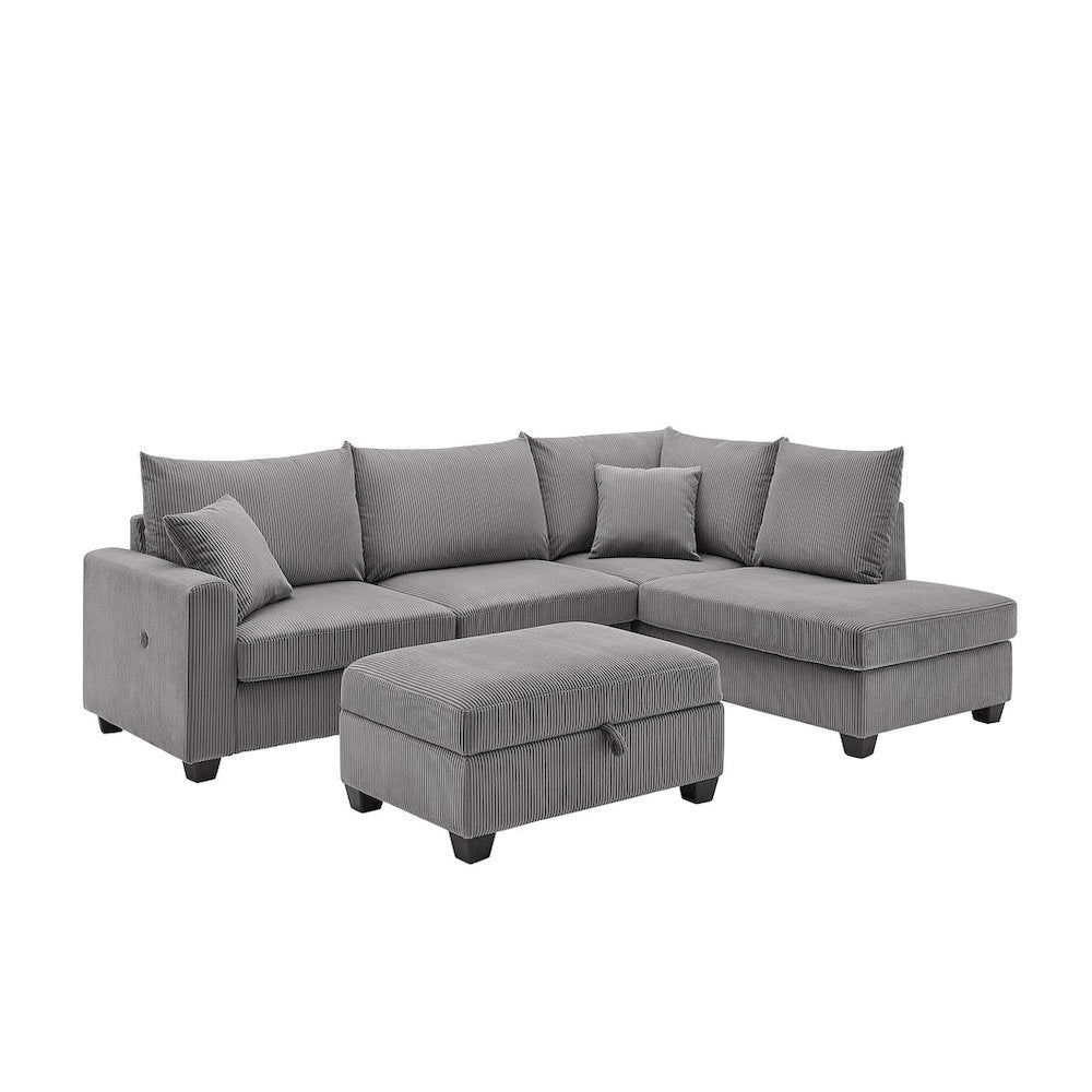 Rowan 107"W Dark Gray Corduroy Fabric Sectional Sofa with Right Facing Chaise