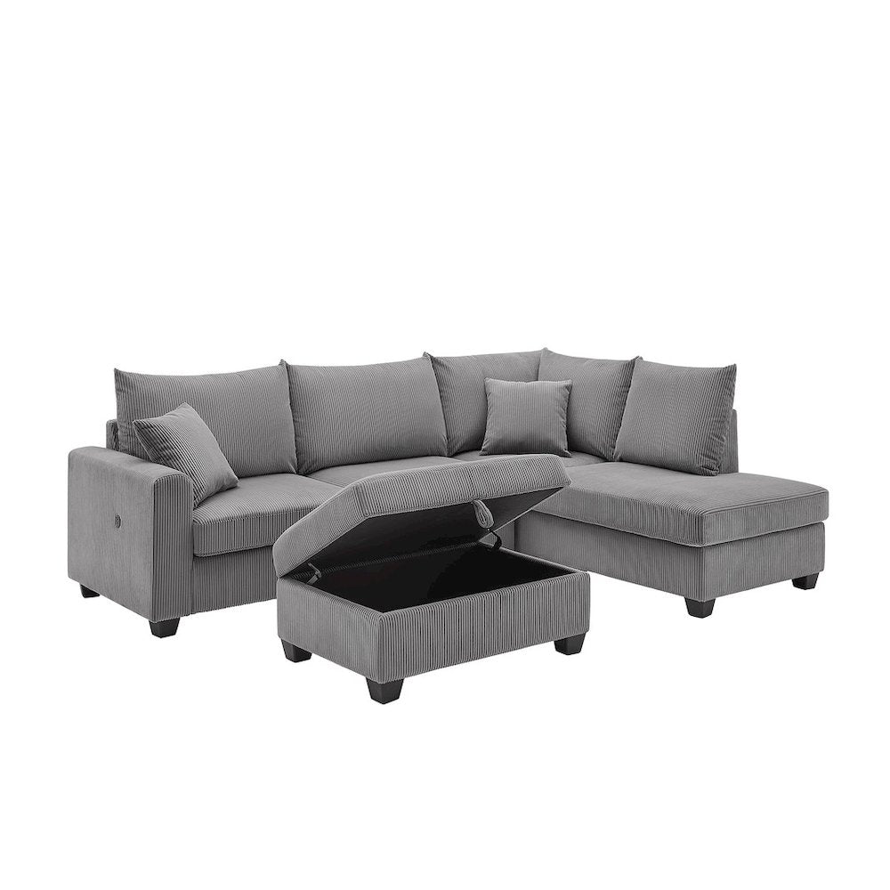 Rowan 107"W Dark Gray Corduroy Fabric Sectional Sofa with Right Facing Chaise