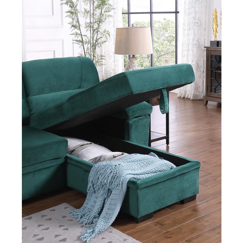 Kipling Green Woven Fabric Reversible Sleeper Sectional Sofa Chaise