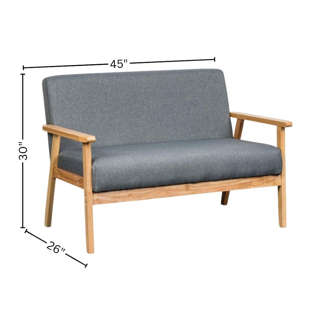 Gray Loveseat, Solid Wood Frame, Natural Arms