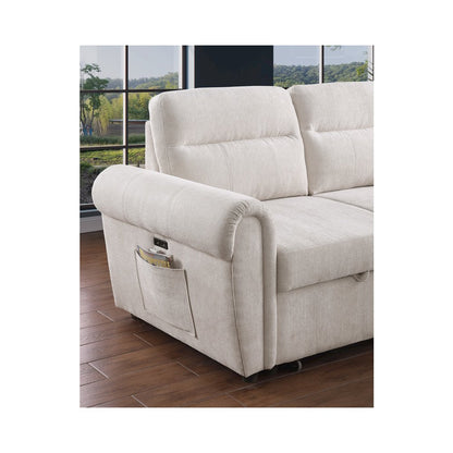 97"W Beige Chenille Reversible Sleeper Sectional Sofa Chaise with USB Charger