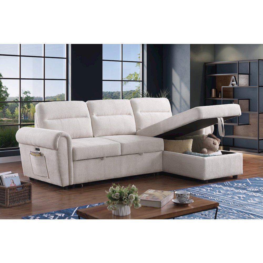 97"W Beige Chenille Reversible Sleeper Sectional Sofa Chaise with USB Charger