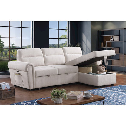97"W Beige Chenille Reversible Sleeper Sectional Sofa Chaise with USB Charger