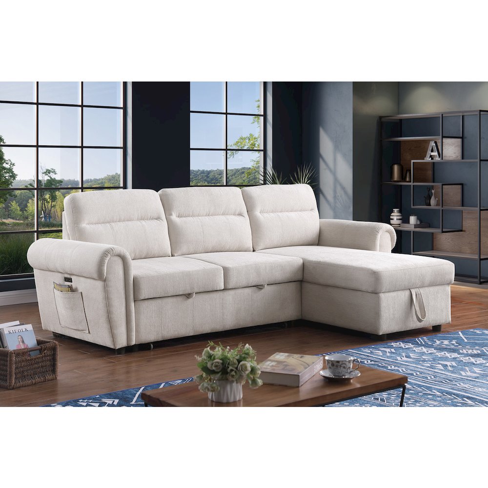 97"W Beige Chenille Reversible Sleeper Sectional Sofa Chaise with USB Charger