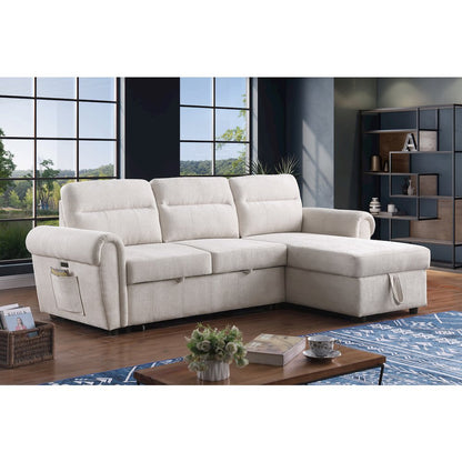 97"W Beige Chenille Reversible Sleeper Sectional Sofa Chaise with USB Charger