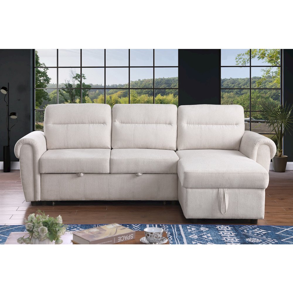 97"W Beige Chenille Reversible Sleeper Sectional Sofa Chaise with USB Charger