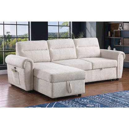 97"W Beige Chenille Reversible Sleeper Sectional Sofa Chaise with USB Charger