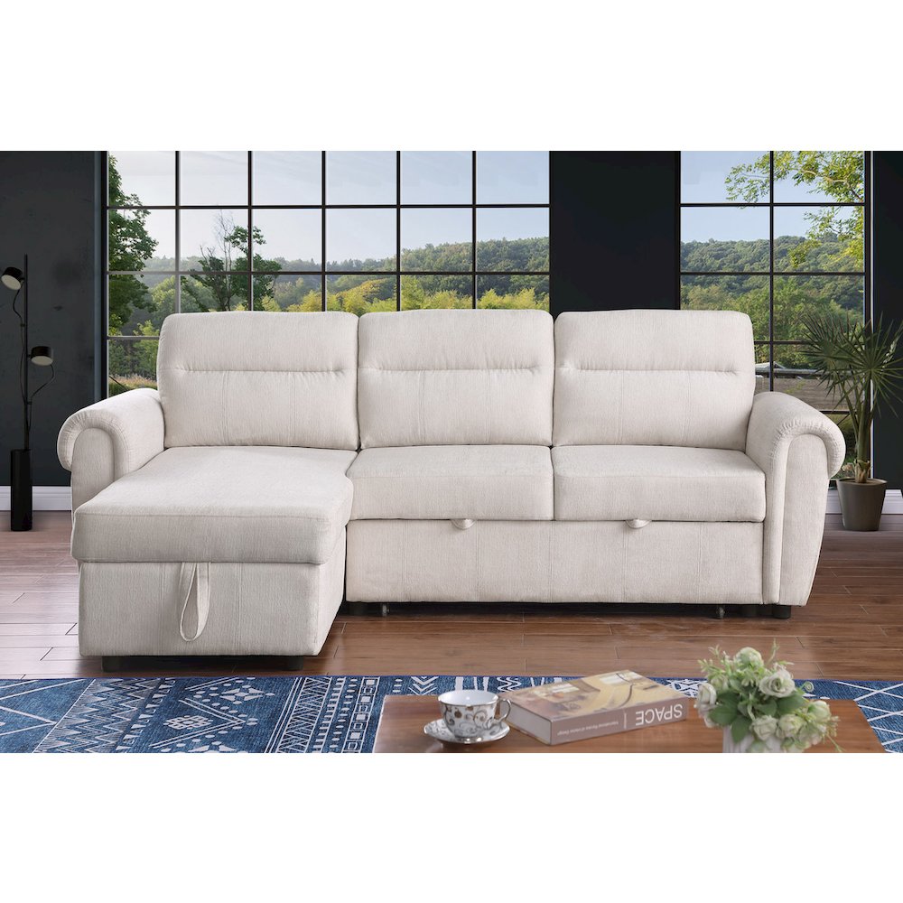 97"W Beige Chenille Reversible Sleeper Sectional Sofa Chaise with USB Charger