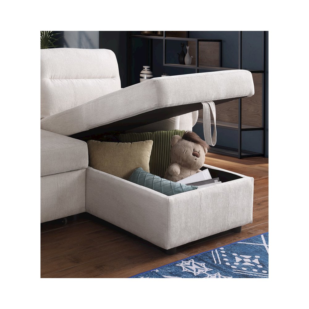 97"W Beige Chenille Reversible Sleeper Sectional Sofa Chaise with USB Charger