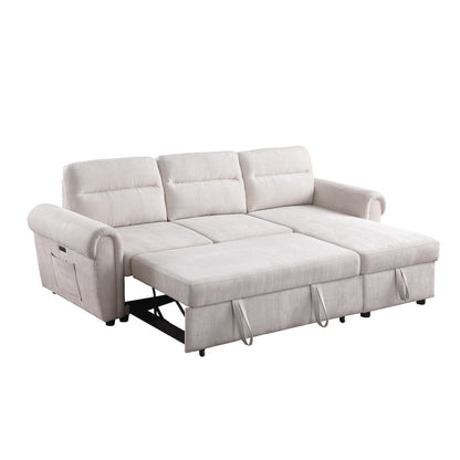 97"W Beige Chenille Reversible Sleeper Sectional Sofa Chaise with USB Charger