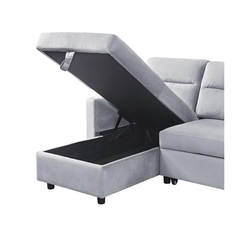 Ruby Light Gray Velvet Reversible Sleeper Sectional Sofa with Storage Chaise and Side Pocket