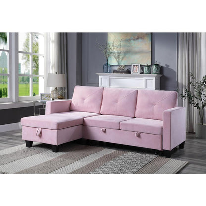 Nova Pink Velvet Reversible Sleeper Sectional Sofa with Storage Chaise