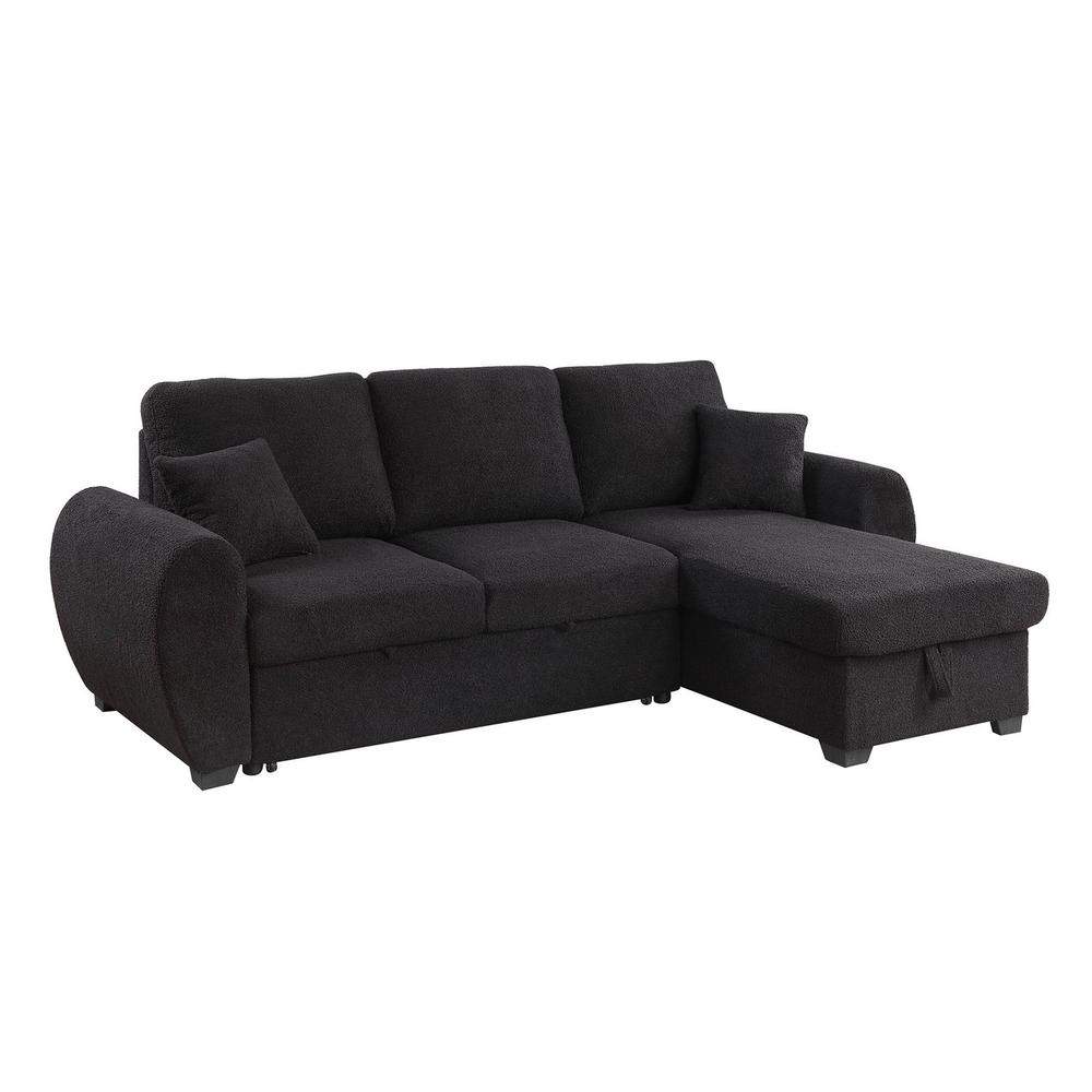 95"W Black Teddy Fleece Reversible Sleeper Sectional Sofa with Storage Chaise