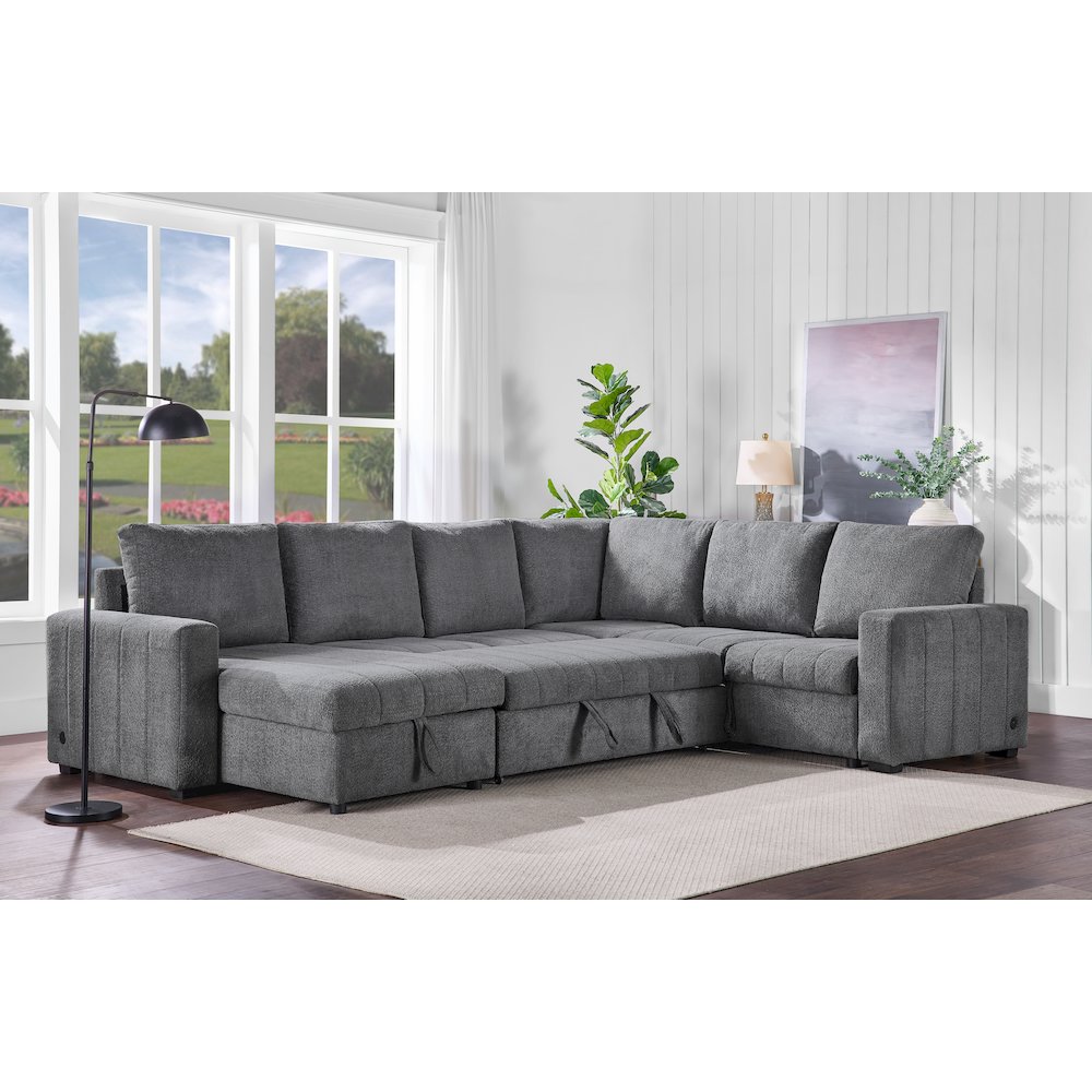 128" Gray Boucle Reversible Modular Sleeper Sectional Sofa with Storage Chaise