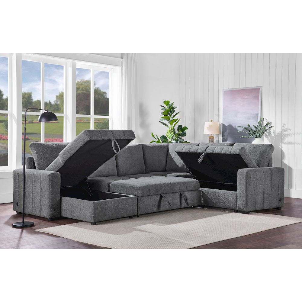 128" Gray Boucle Reversible Modular Sleeper Sectional Sofa with Storage Chaise
