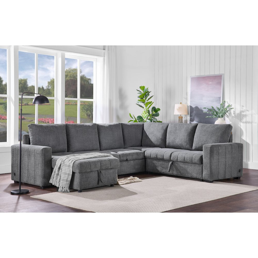 128" Gray Boucle Reversible Modular Sleeper Sectional Sofa with Storage Chaise