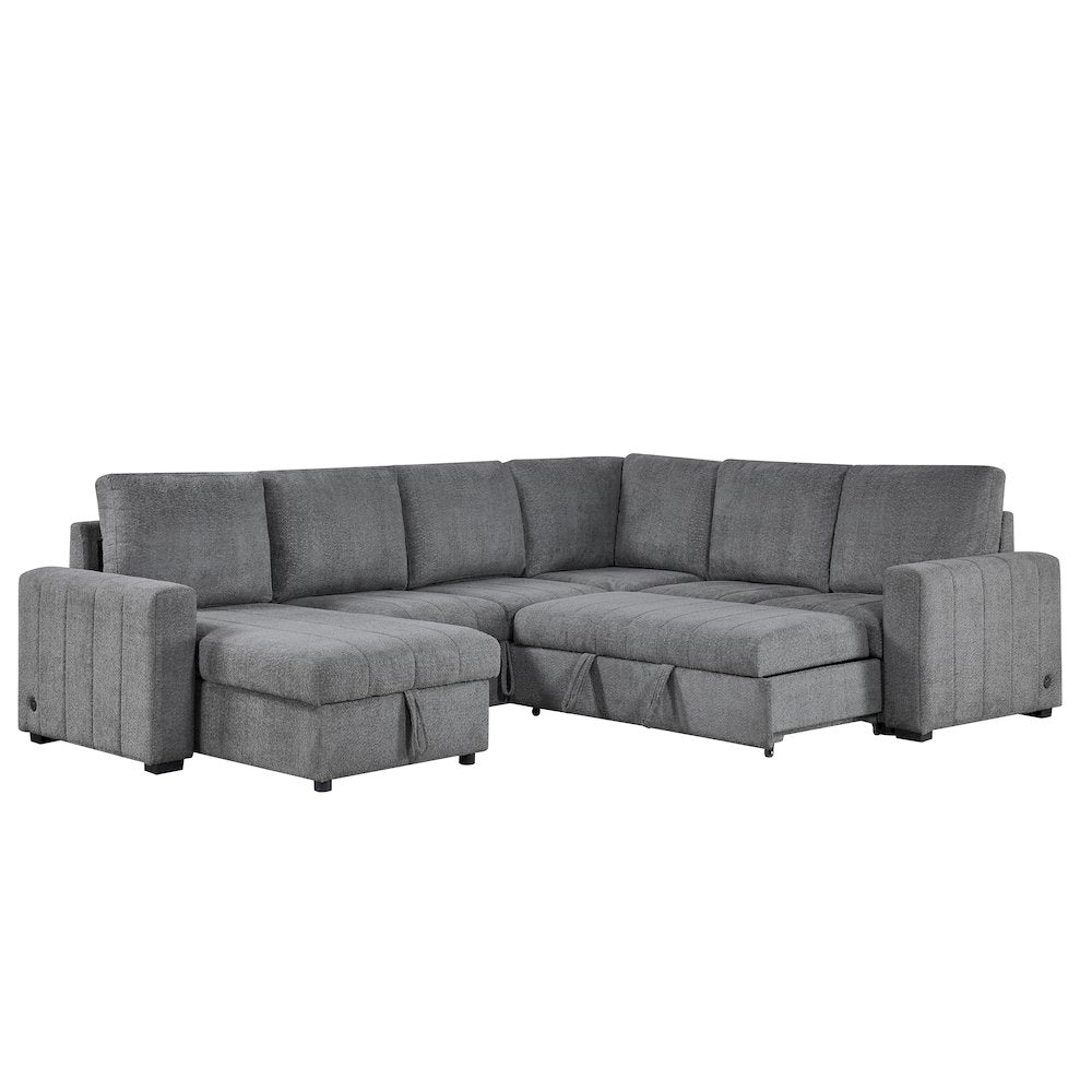 128" Gray Boucle Reversible Modular Sleeper Sectional Sofa with Storage Chaise