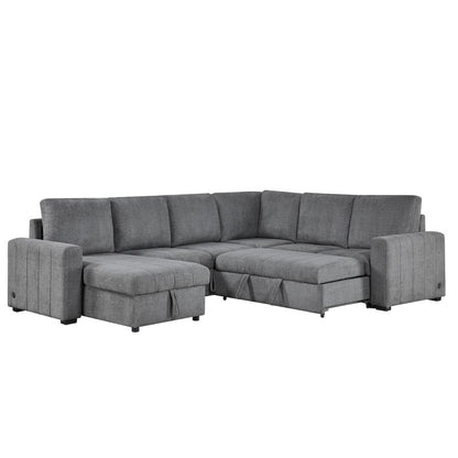 128" Gray Boucle Reversible Modular Sleeper Sectional Sofa with Storage Chaise