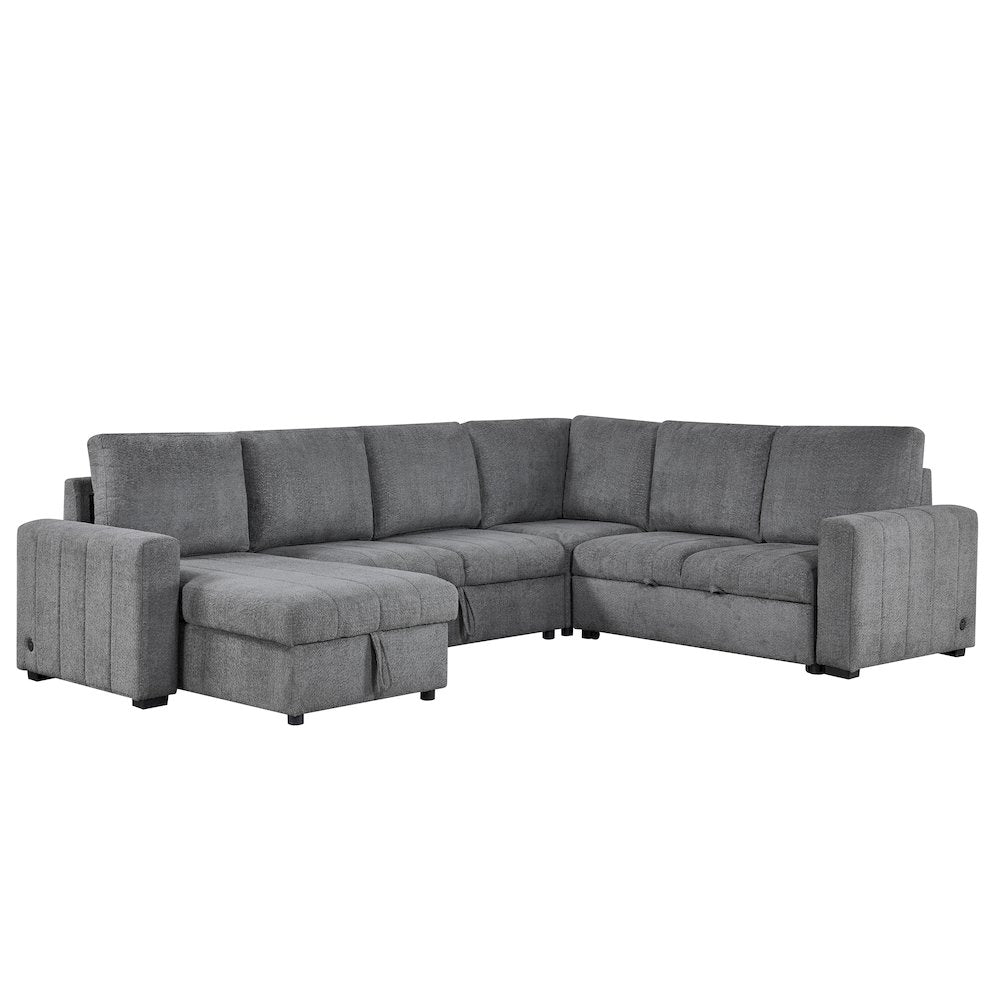 128" Gray Boucle Reversible Modular Sleeper Sectional Sofa with Storage Chaise