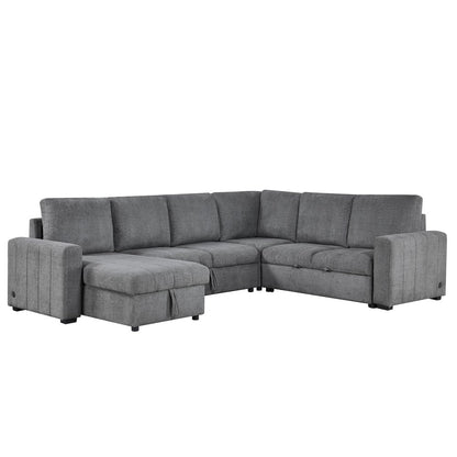 128" Gray Boucle Reversible Modular Sleeper Sectional Sofa with Storage Chaise
