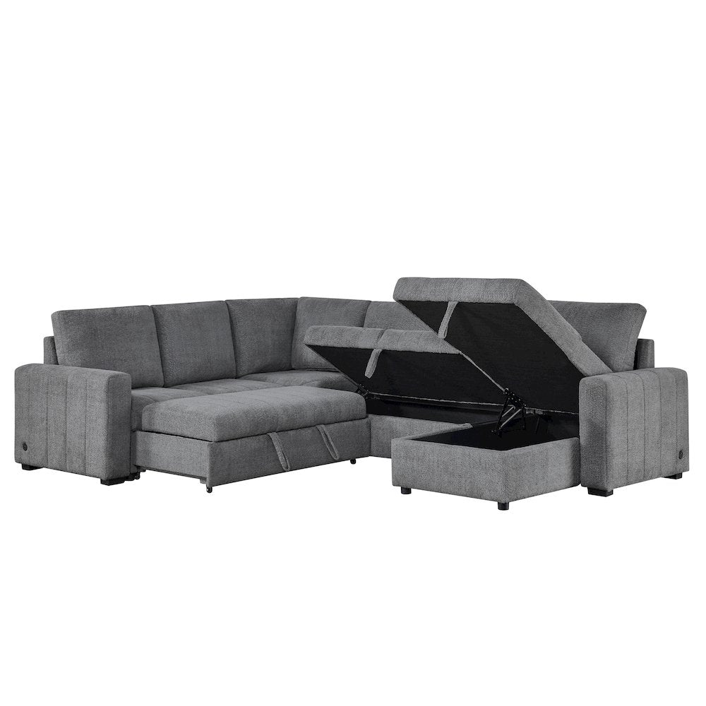 128" Gray Boucle Reversible Modular Sleeper Sectional Sofa with Storage Chaise