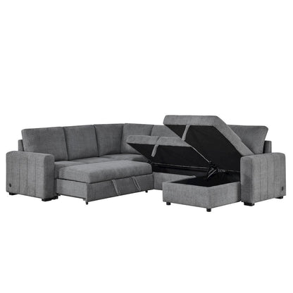 128" Gray Boucle Reversible Modular Sleeper Sectional Sofa with Storage Chaise