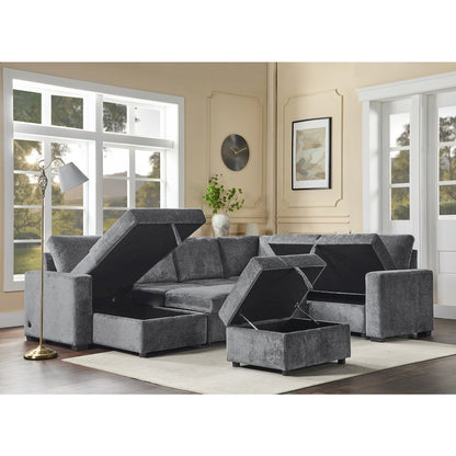 122" Gray Chenille Reversible Modular Sleeper Sectional Sofa, Storage Chaise