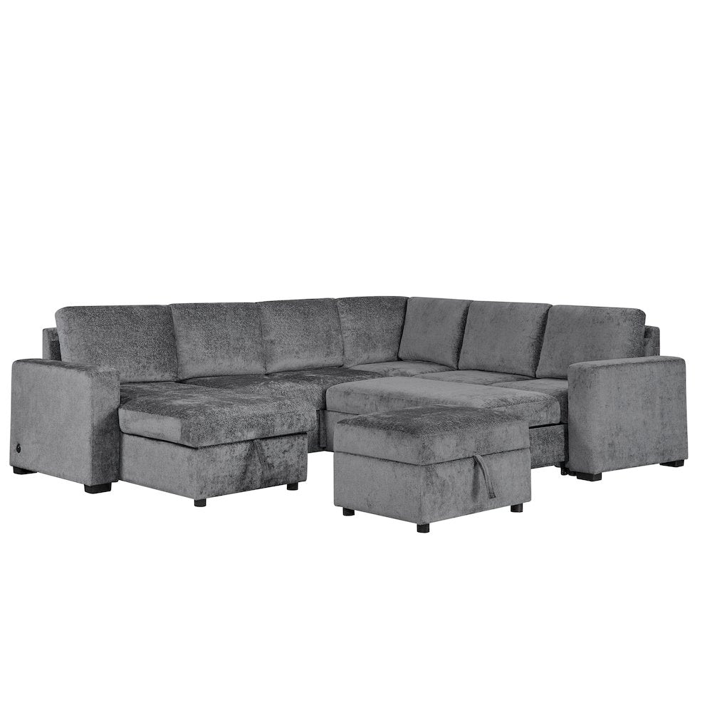 122" Gray Chenille Reversible Modular Sleeper Sectional Sofa, Storage Chaise