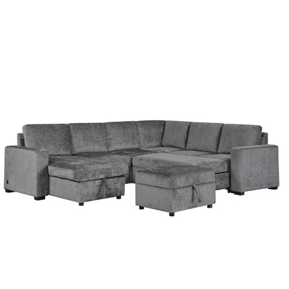 122" Gray Chenille Reversible Modular Sleeper Sectional Sofa, Storage Chaise