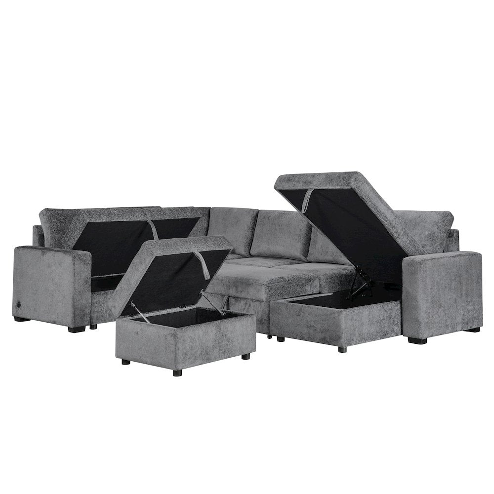 122" Gray Chenille Reversible Modular Sleeper Sectional Sofa, Storage Chaise