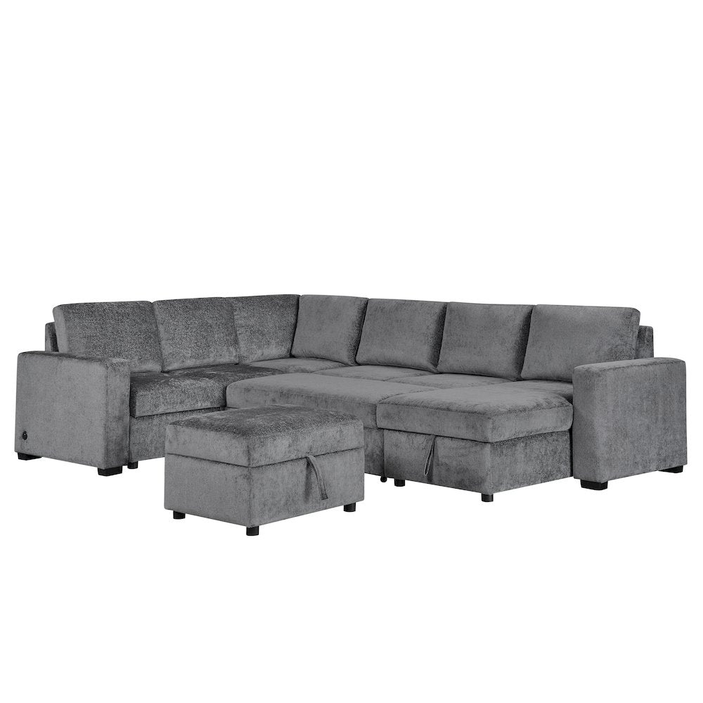 122" Gray Chenille Reversible Modular Sleeper Sectional Sofa, Storage Chaise