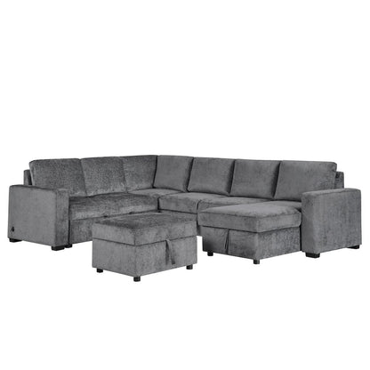 122" Gray Chenille Reversible Modular Sleeper Sectional Sofa, Storage Chaise