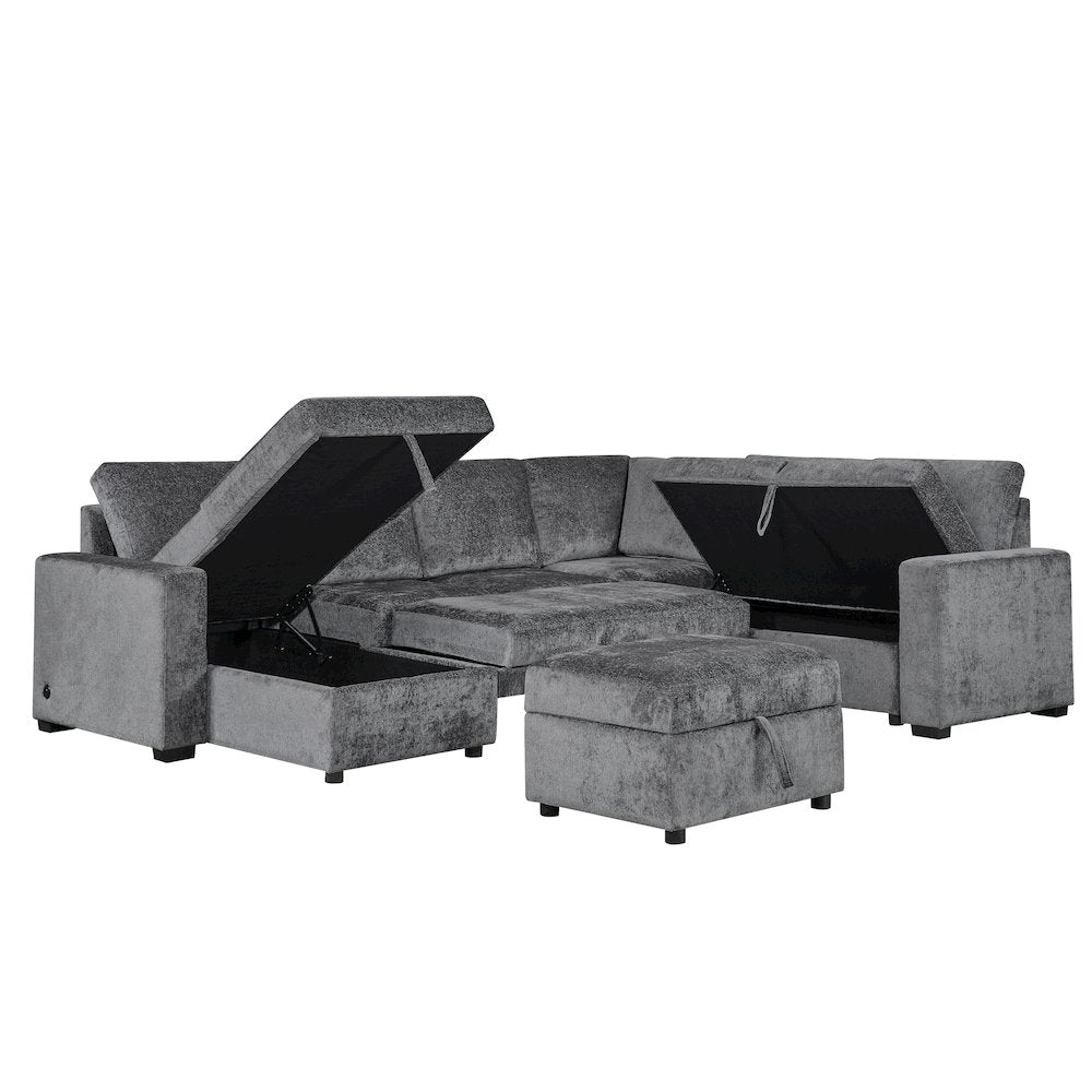 122" Gray Chenille Reversible Modular Sleeper Sectional Sofa, Storage Chaise