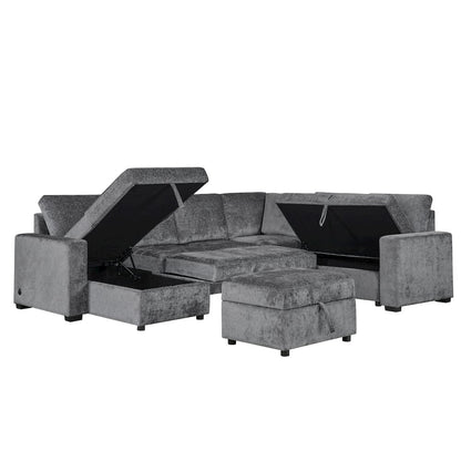 122" Gray Chenille Reversible Modular Sleeper Sectional Sofa, Storage Chaise