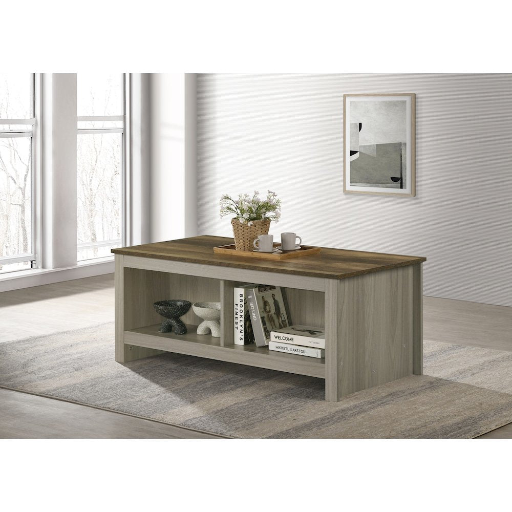 Nyla 43"W Gray Oak Coffee Table with Open Shelves Front and Back