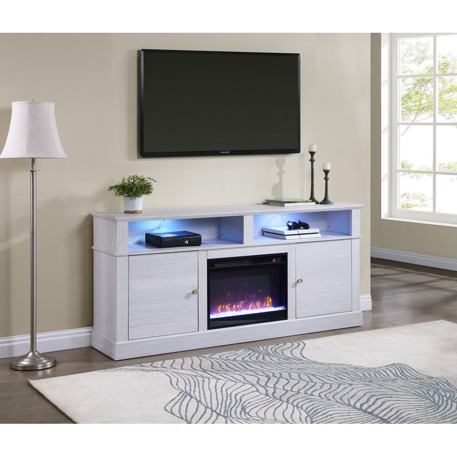 Lucifer 70"W White Walnut Finish TV Stand Console with Fireplace