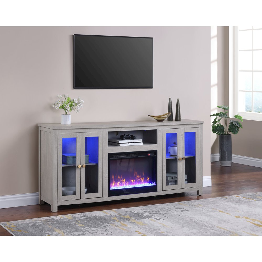 70"W White Walnut Finish Fireplace TV Stand Console with LED Light, Cabinets