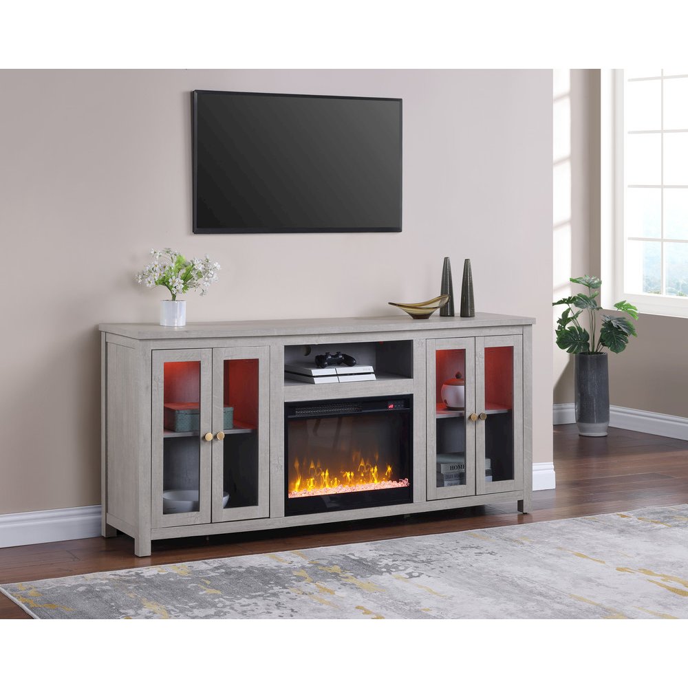 70"W White Walnut Finish Fireplace TV Stand Console with LED Light, Cabinets