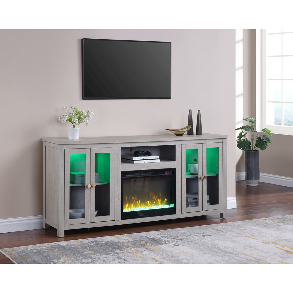 70"W White Walnut Finish Fireplace TV Stand Console with LED Light, Cabinets